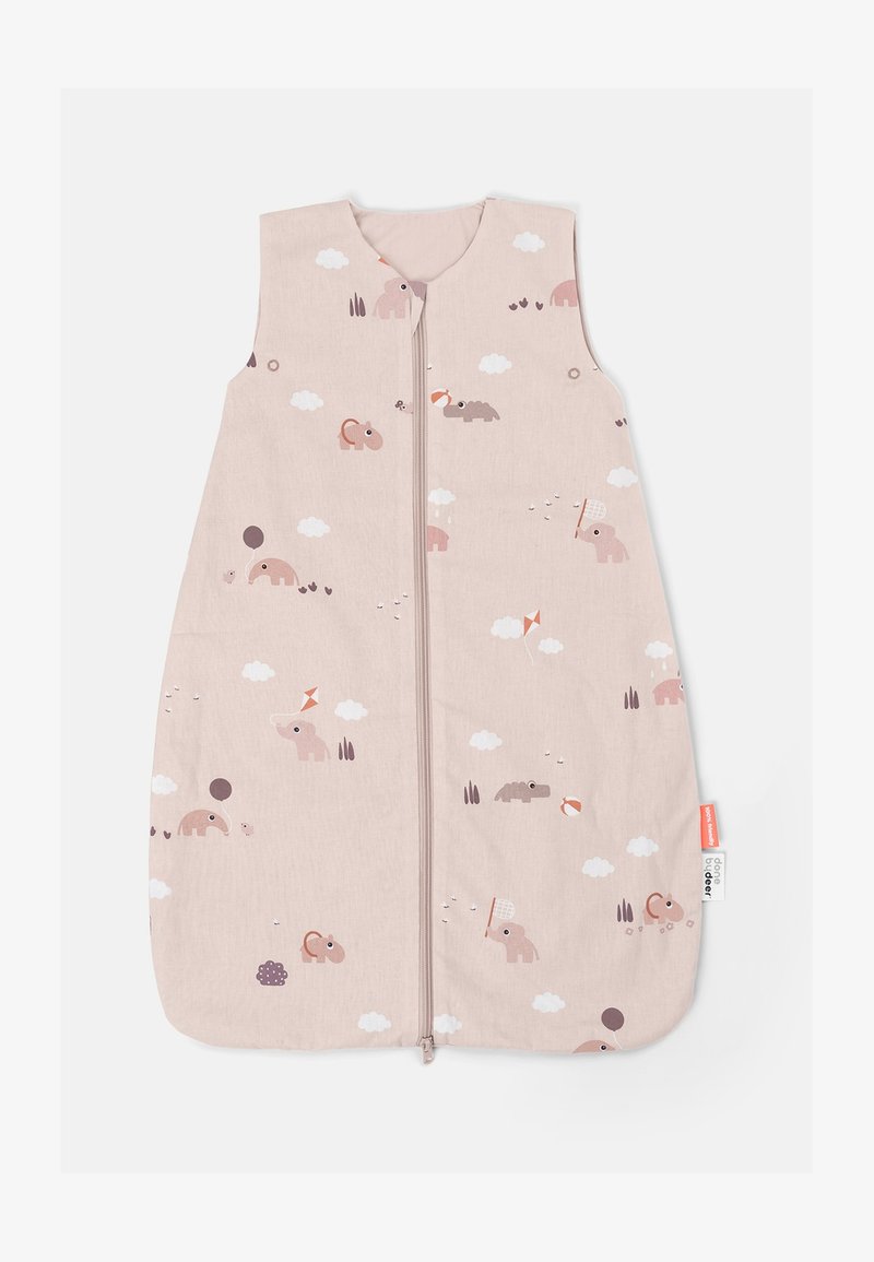 Roosa puuvillane unevöö, millel on erinevad mängulised loomatrükid, sealhulgas elevandid ja pilved, esiküljel tõmblukk ja ilma varrukateta disain.