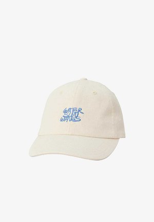 Beige bomulds-kasket med en buet skygge og broderet blå tekst "VAND SOL BØLGER" på forsiden. Har en knap på toppen og ventilationshuller.