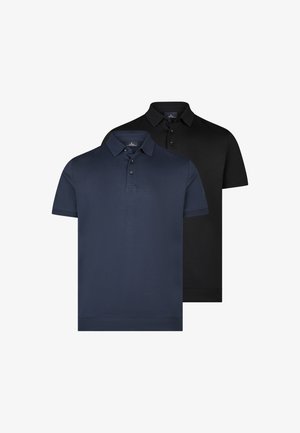 Zwei kurzärmelige Poloshirts, eines vorn in Marineblau und eines hinten in Schwarz, beide mit Kragen und dreiknöpfiger Knopfleiste.