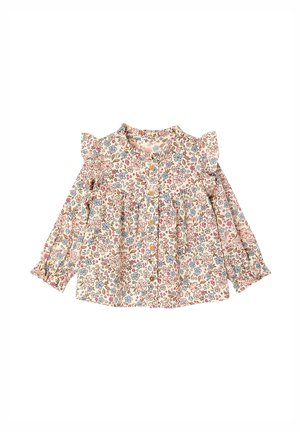 Langärmlige Babybluse mit beigem Hintergrund, pinkem, blauem und braunem Blumenmuster, gerafften Schultern und vorderer Knopfleiste.