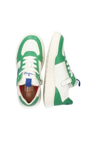 Sneaker verde e bianco con tomaia in pelle, punta forata, chiusura con lacci, zip laterale e un accento blu sul tallone.