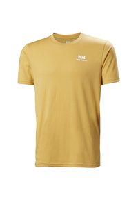 Camiseta de algodón amarilla con mangas cortas, cuello redondo y logo blanco de Helly Hansen en la parte izquierda del pecho. Textura suave.