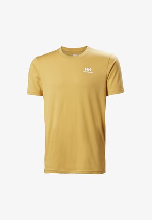 Geel katoenen t-shirt met korte mouwen, ronde halslijn en wit Helly Hansen-logo op de linkerkant van de borst. Vlotte textuur.