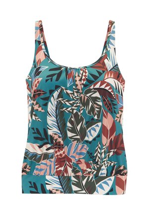 Tielko s viacfarebným tropickým vzorom listov v tyrkysovej, ružovej, bielej a tmavozelenej farbe, s výstrihom do V a elastickým lemom.