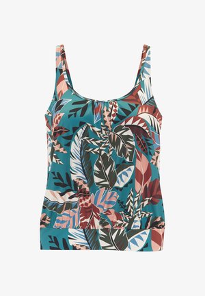 Tanktop met multicolor tropisch bladerenpatroon in blauwgroen, roze, wit en donkergroen, met een ronde halslijn en elastische zoom.