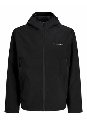 Veste noire à capuche avec fermeture éclair à l'avant, deux poches latérales zippées et petit logo "Jack & Jones" sur la poitrine.