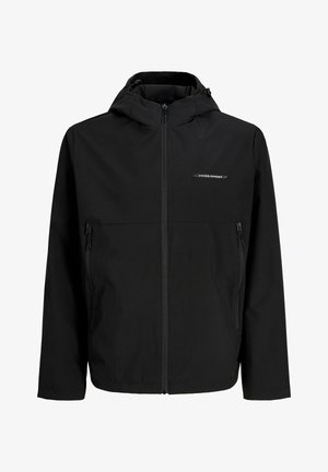 Veste noire à capuche avec fermeture éclair à l'avant, deux poches latérales zippées et petit logo "Jack & Jones" sur la poitrine.