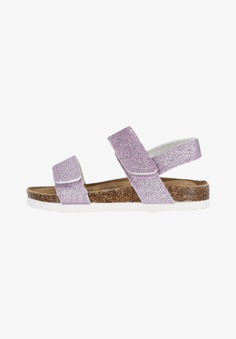 Sandales à paillettes violettes avec deux bretelles ajustables, semelle en liège et semelle en caoutchouc blanche. Design plat et surface texturée.