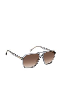 Occhiali da sole con una montatura geometrica in argento, lenti a gradiente marrone e stanghette decorate. La finitura trasparente conferisce un aspetto elegante.