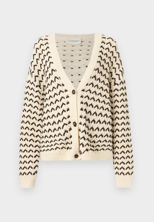 Cardigan in maglia color crema con motivo a zigzag nero, scollo a V, maniche lunghe, chiusura con bottoni e polsini e orlo a coste.