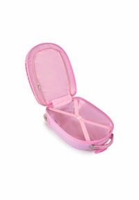 Custodia da viaggio rigida rosa con chiusura con zip, tasca interna in rete e cinghie elastiche per fissare il contenuto. Finitura esterna liscia.