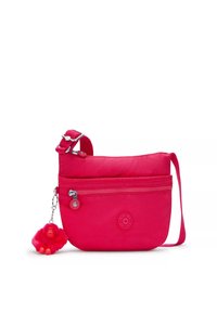 Borsa a tracolla in nylon rosa con tasca con zip, tracolla regolabile e portachiavi a forma di scimmia pelosa. Logo circolare sul davanti.