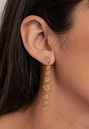 Gold floral dangle earrings featuring a stud design with a cluster of small flowers and a cascading chain of larger flowers.