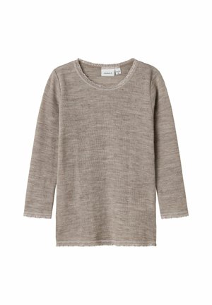 Maglietta a maniche lunghe beige realizzata in tessuto testurizzato, con un bordo in pizzo sul colletto e sulle maniche, caratterizzata da un delicato motivo a rombi su tutta la superficie.