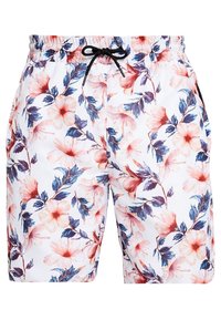 Shorts de bain floraux avec un fond blanc, ornés de motifs d'hibiscus roses et bleus, taille élastique et cordon noir.