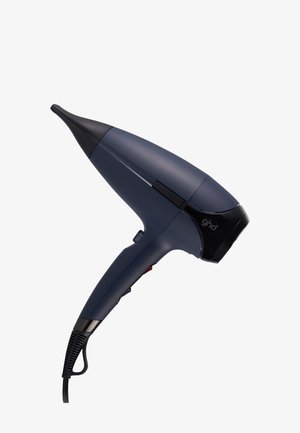 Sèche-cheveux portable bleu foncé et noir avec poignée incurvée, embout étroit et cordon d'alimentation avec extrémité en boucle.