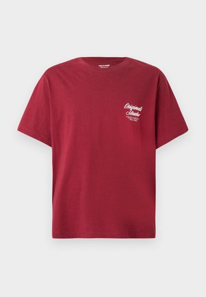 Burgundy cotton T-shirt with a round neck, short sleeves, and white text logo located on the left chest. Minimalist design.