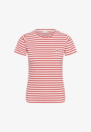 T-shirt blanc à manches courtes avec des rayures rouges horizontales et une petite marguerite brodée sur le côté gauche de la poitrine.