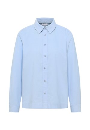 Lichtblauwe overhemd met lange mouwen, kraag, knoopsluiting aan de voorkant en knoopsluitingen. Gladde textuur, casual pasvorm.