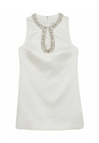 Biele bezrukávové šaty s okrúhlym výstrihom, ktoré majú dekoratívnu kryštálovú aplikáciu okolo goliera a uzatváranie na zips na chrbte.