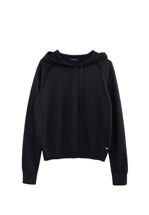 Hoodie noir en tricot avec des manches longues, capuche à cordon de serrage, et poignets et ourlet côtelés, présenté sur un fond blanc.