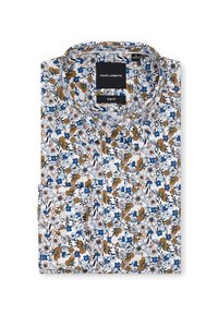 Koszula o kroju slim w kolorze białym z kwiatowym wzorem w odcieniach niebieskiego, brązowego i czarnego. Posiada kołnierzyk i kieszeń z przodu. Guziki są białe.