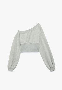 Grijze cropped sweatshirt met een off-shoulder ontwerp, lange gepofte mouwen, ribgebreide manchetten en een gladde, niet-geweven oppervlak.