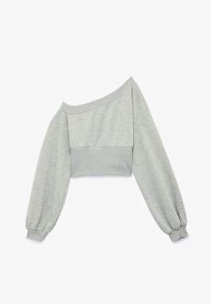 Harmaa lyhythihainen collegepaita, jossa on olkapäiden yli tuleva muotoilu, pitkät puffihihat, ribbikuvioidut hihansuut ja sileä, tekstuuri-free pinta.