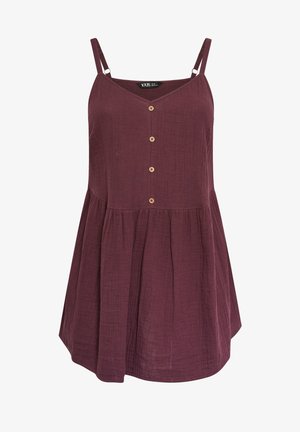 Vestido sin mangas color ciruela con tirantes finos ajustables, escote en V, cintura fruncida y cuatro pequeños botones redondos en la parte delantera.