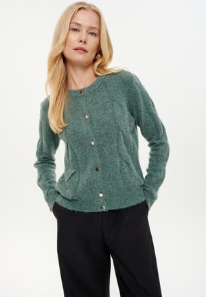Green knit cardigan with long sleeves, round neckline, and front button closure featuring gold-tone buttons and textured finish.