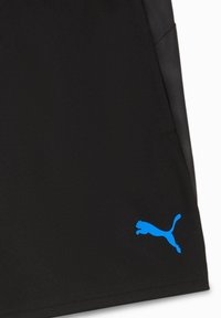 Črne atletske kratke hlače z gladko teksturo. Imajo majhen moder logotip Puma na spodnji levi strani. Preprosta zasnova, brez vzorcev ali dodatkov.