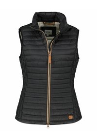 Zwarte puffer vest met verticale quilt, hoge kraag en een tweezijdige rits. Voorzien van een tan leren trekband en een subtiel merkembleem.