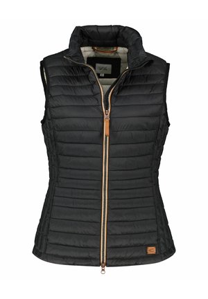 Black puffer vest with vertical quilting, high collar, and a two-way zipper. Features a tan leather pull tab and subtle brand logo detail.