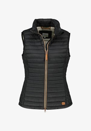 Black puffer vest with vertical quilting, high collar, and a two-way zipper. Features a tan leather pull tab and subtle brand logo detail.