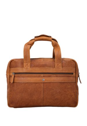 Borsa da lavoro in pelle marrone con due manici superiori, tasca frontale con zip e finitura testurizzata. Presenta un design rettangolare elegante e accenti minimalisti.