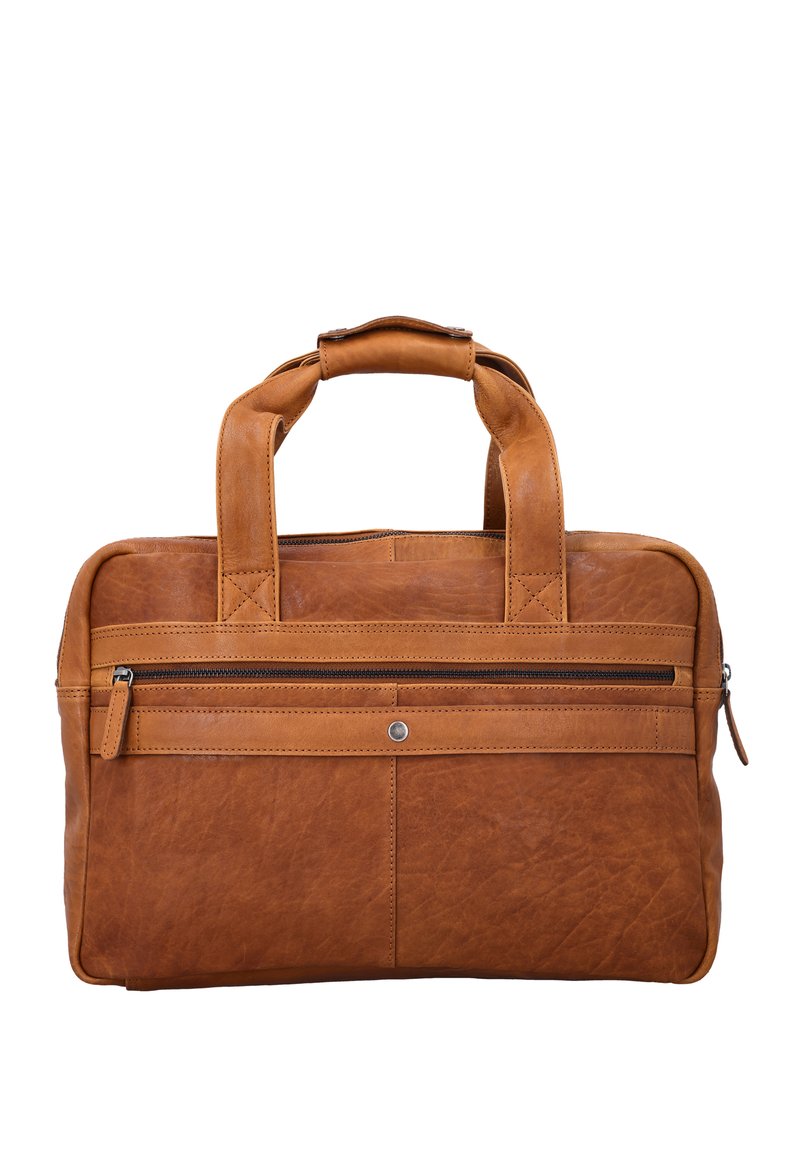 Borsa da lavoro in pelle marrone con due manici superiori, tasca frontale con zip e finitura testurizzata. Presenta un design rettangolare elegante e accenti minimalisti.