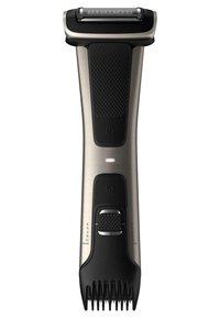 Tondeuse électrique avec un corps en métal et en plastique noir, une prise en main texturée, un bouton d'alimentation et des réglages de longueur ajustables sur le côté.