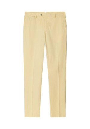 Pantaloni sartoriali giallo chiaro con passanti per cintura, cerniera frontale e tasche laterali, esposti distesi su uno sfondo bianco.