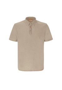 Polo in cotone beige con scollo a collo, abbottonatura a tre bottoni e dettagli di cuciture arancioni sulla spalla e sull'orlo.