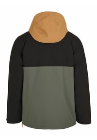Kapuzenjacke mit einem geteilten Design: schwarzer Oberteil, olivgrüner Mittelteil und sandfarbener Kapuze. Weiches Material mit glatter Textur und seitlichem Reißverschluss.