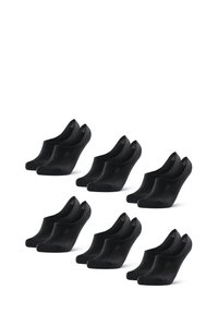 Calcetines tobilleros negros, hechos de tela suave, presentan un diseño de corte bajo con una textura lisa. El paquete incluye seis pares.