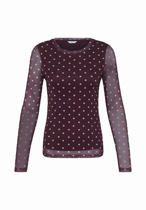 Top bordeaux a maniche lunghe trasparente con pois rosa chiaro e scollatura ovale, con maniche e orlo semitrasparenti.