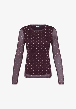 Pika varrukaga läbipaistev burgundia toonis pluus heledate roosade täppidega ja ümmarguse kaelusega, millel on poolläbipaistvad varrukad ja alaäär.