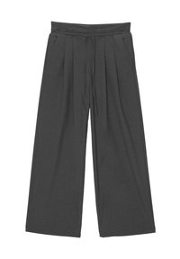Grijze wijde broek met plooien, verstelbare tailleband en zijzakken, gemaakt van een zachte, tekstuurlijke stof.
