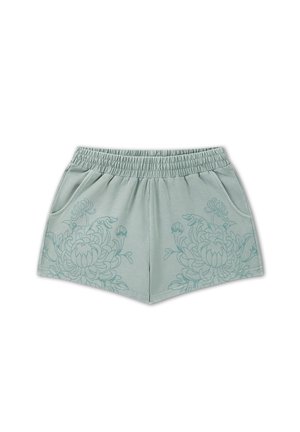 Pantaloncini verde chiaro con vita elasticizzata, tasche laterali e sottili motivi floreali su entrambe le gambe.