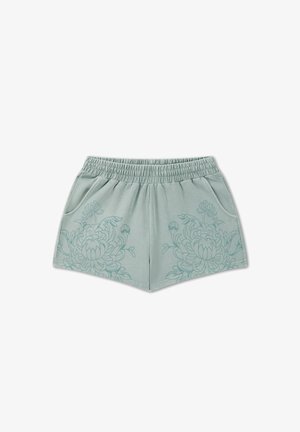 Pantaloncini verde chiaro con vita elasticizzata, tasche laterali e sottili motivi floreali su entrambe le gambe.