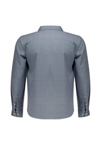 Blouse met lange mouwen in het blauw met een subtiel wit geometrisch patroon. Heeft een klassieke kraag en knoopmanchetten. Glad katoenen stof.