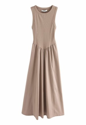 Helebeige ilmaõlavarretega kleit ribbed bodice ja voolava seeliku osaga. Omab ümmargust kaelust ja kokku volditud vööd mugavama sobivuse tagamiseks.