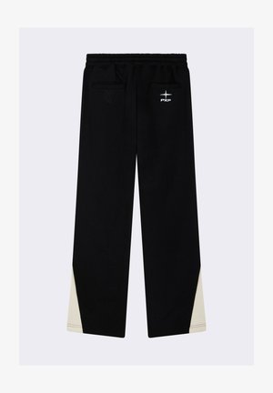 Pantaloni joggers neri a gamba larga con vita regolabile con cordino, caratterizzati da dettagli bianchi in basso e due tasche posteriori. Presentano loghi sui lati.