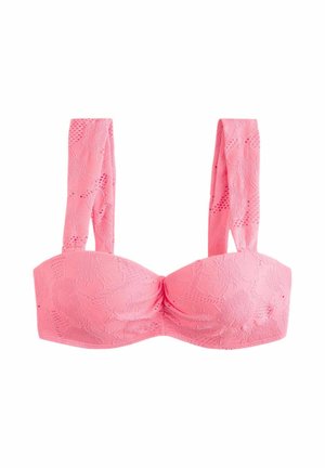Rosa strukturiertes Spitzen-Bikinioberteil mit Blumenmuster, breiten Schulterträgern, gerafften Cups und einem Bandeau-Stil.